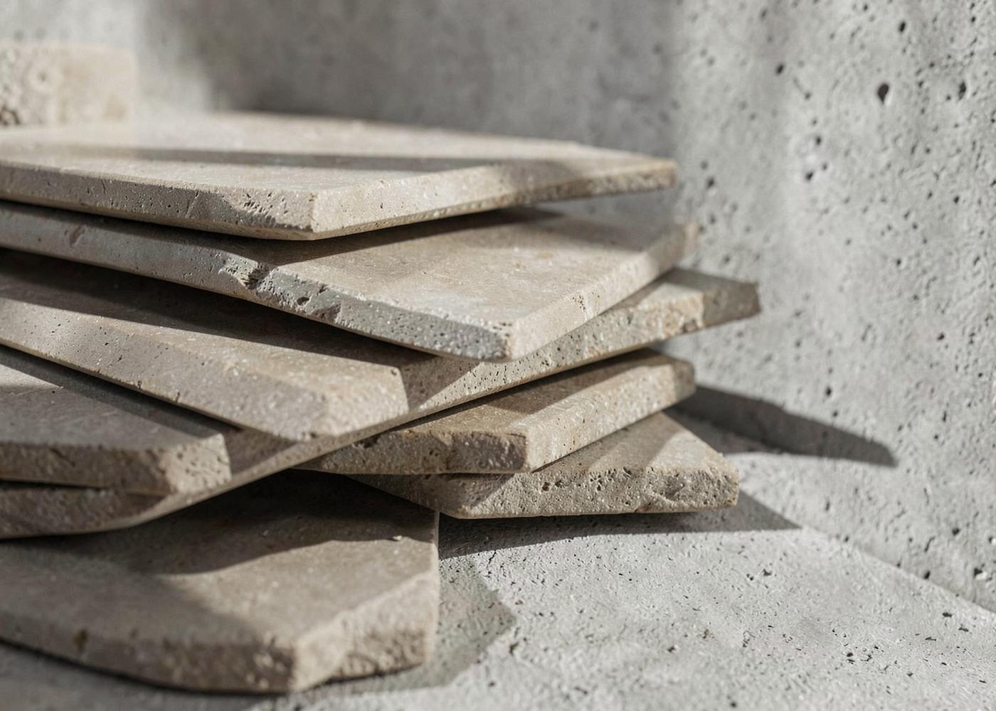Stacked ceramic tile samples in earthy neutral tones